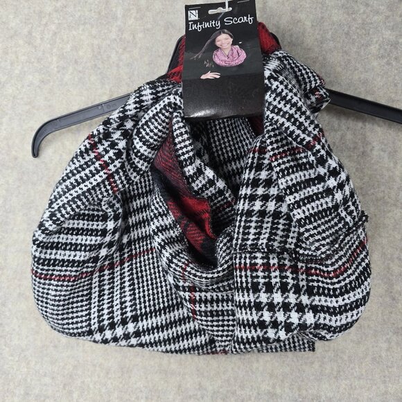 Nicole Infinity Scarf Black/White Houndstooth & Red Plaid 100% Acrylic - Picture 1 of 4